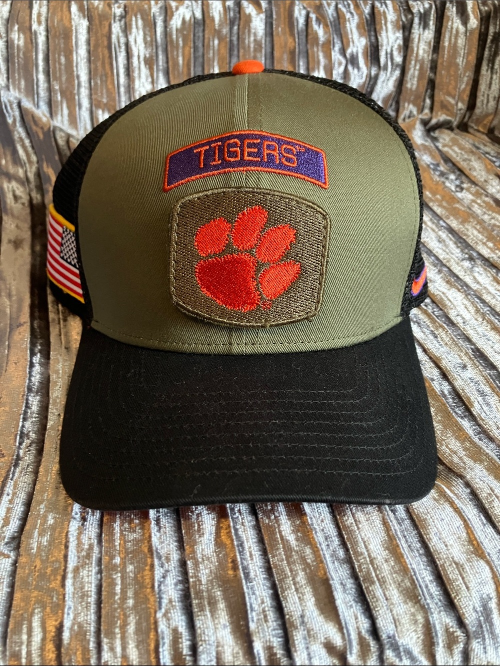 Clemson Tigers Nike 2024 Military Appreciation Rise Trucker Hat - Olive/Black